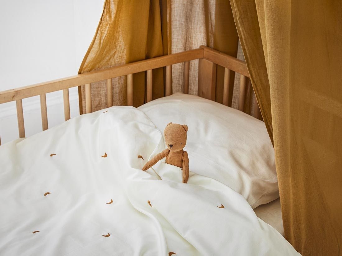 Juniordynebetræk bomuldssatin warm white/ochre moon