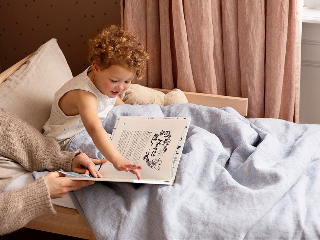 Juniordynebetræk vasket hør blue chambray