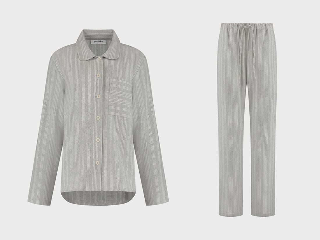 Nattøj sæt dame bomuldsflonel light grey/white stripe